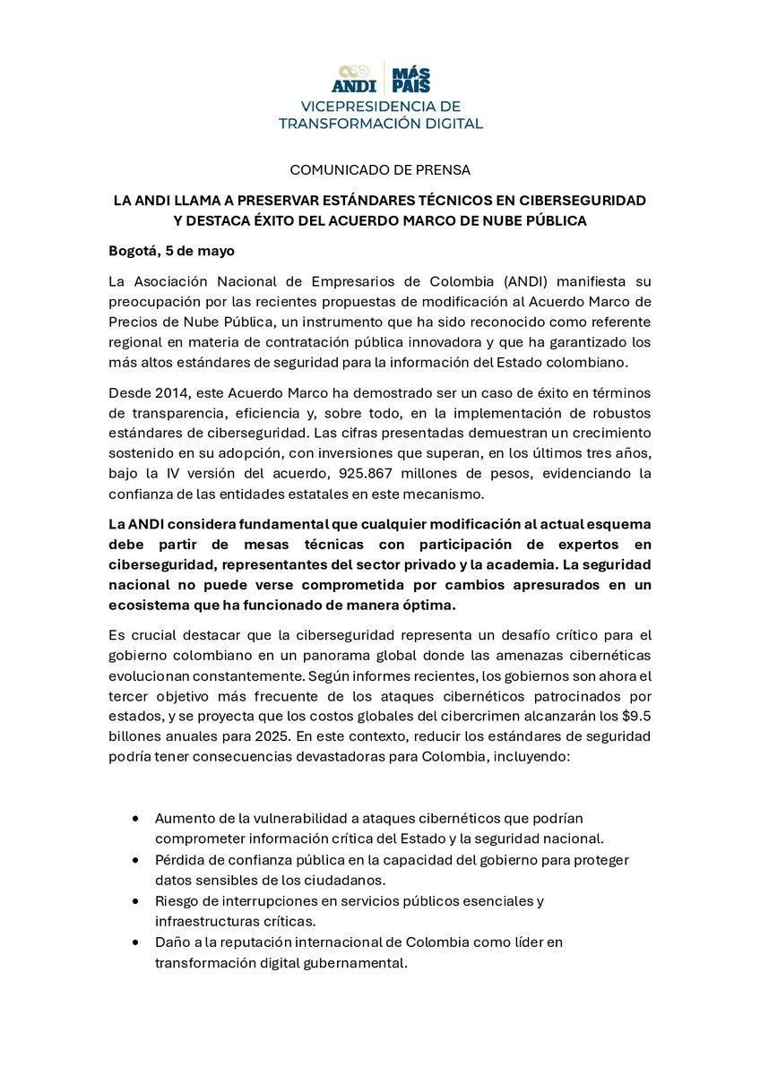 ANDI_Colombia's tweet photo. La ANDI llama a preservar estándares técnicos en ciberseguridad y destaca éxito del Acuerdo Marco de Nube Pública.
🔗; https://t.co/U8LUMIuoA3 
#MásPaísANDI https://t.co/L6t1v7zPRM