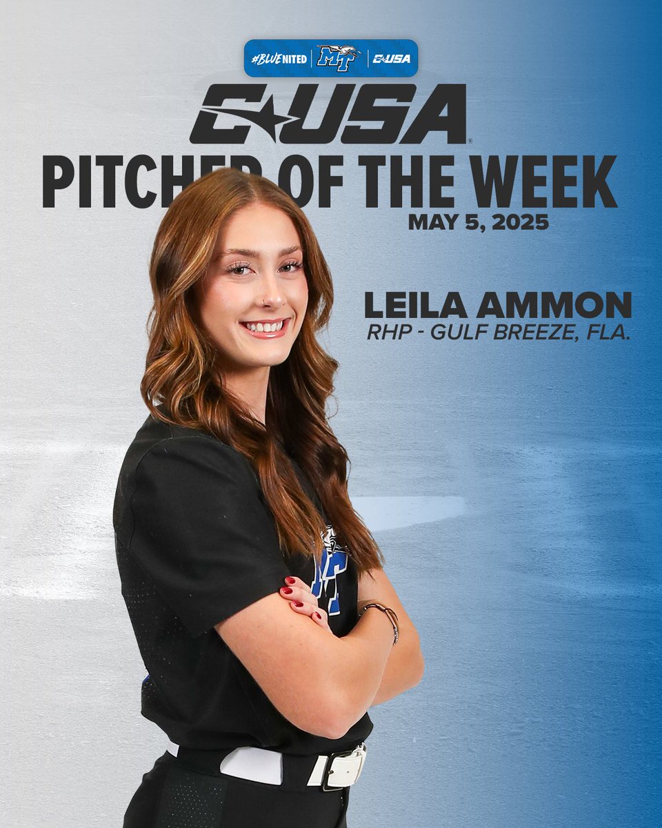 Congratulations to Leila Ammon on being named <a href="/ConferenceUSA/">Conference USA</a> Pitcher of the Week 👏

Leila recorded a 2-0 record with a 0.58 ERA over 12 innings pitched in MTSU’s sweep vs UTEP 🧹

#BLUEnited | ⚡️⬆️