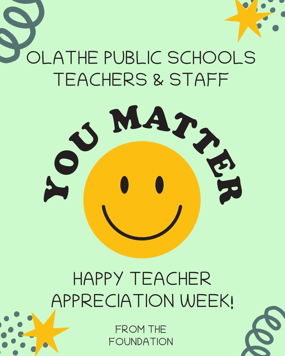 💚 It's Teacher Appreciation Week and we want you to know that we love and care about you.

🙂 YOU matter.

💚 Today and always—thank you. 

#TeacherAppreciationWeek #YouMatter #OlatheProud
