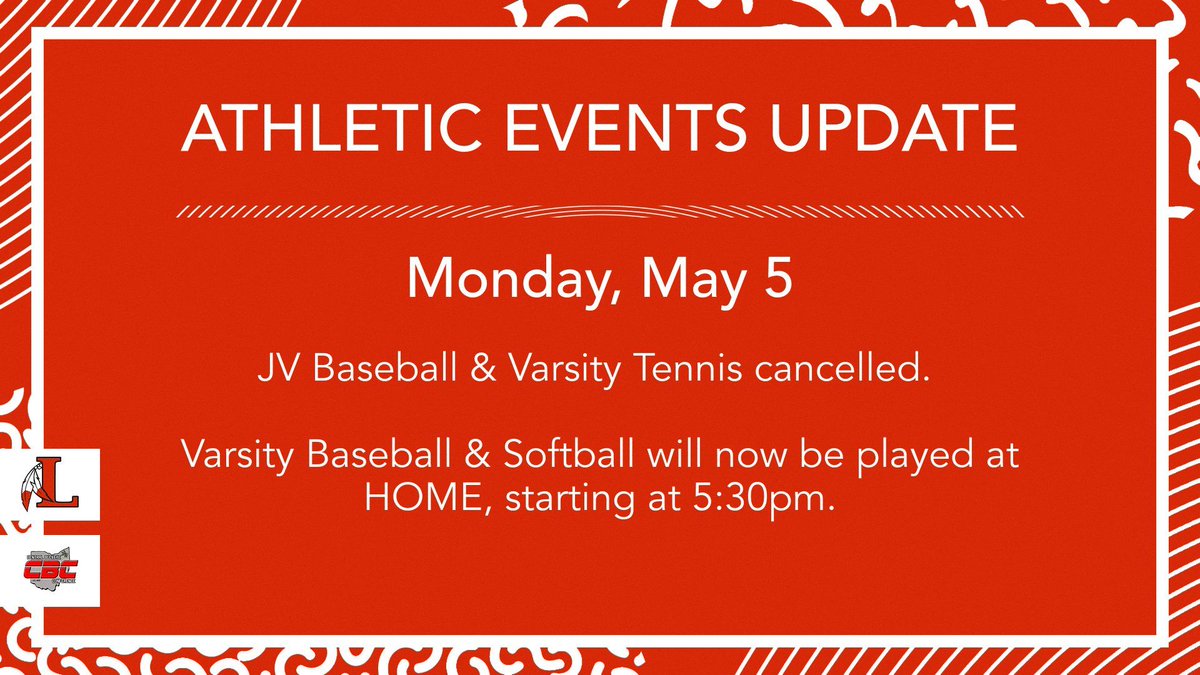 ⚠️ Game Day Update! ⚠️

Please note that today's Varsity Tennis and JV Baseball games have been CANCELLED.

Varsity Baseball and Softball will now be playing HOME GAMES tonight, starting at 5:30 PM. The Middle School Track meet is still ON!

Come out and support our teams!