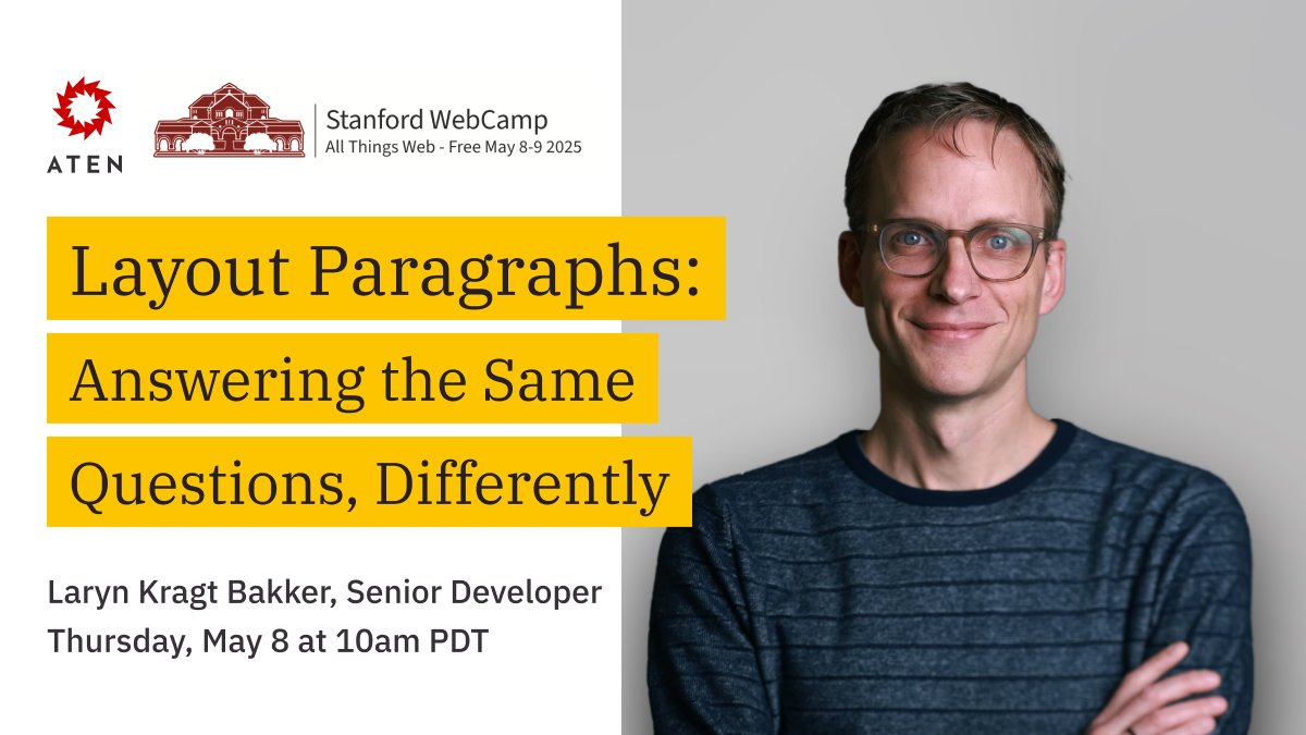 Aten Design Group (@atendesign) on Twitter photo Did you know that @stanford is hosting a free WebCamp this Thurs-Fri, 5/8-9?
Aten's Senior Developer, Laryn Kragt Bakker will host a virtual session about creating a version of #Drupal's Layout Paragraphs for <a href="/backdropcms/">Backdrop CMS</a> on Thurs, 5/8 at 10am PDT.
hubs.li/Q03kx4cZ0 Did you know that @stanford is hosting a free WebCamp this Thurs-Fri, 5/8-9?
Aten's Senior Developer, Laryn Kragt Bakker will host a virtual session about creating a version of #Drupal's Layout Paragraphs for <a href="/backdropcms/">Backdrop CMS</a> on Thurs, 5/8 at 10am PDT.
hubs.li/Q03kx4cZ0