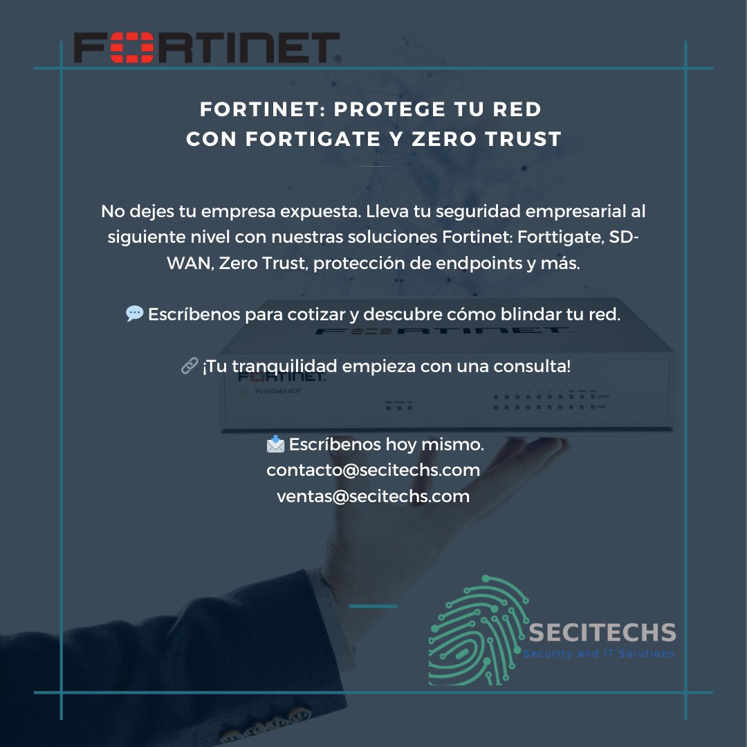 secitechs's tweet image. #Fortinet #Ciberseguridad #Fortigate #Firewalls #ZeroTrust #ProtecciónDeRed #SeguridadEmpresarial #Secitechs #SolucionesTI #RedesSeguras #EmpresasProtegidas #MSP #MSSP #TecnologíaEmpresarial #InfraestructuraSegura #EmpresasMéxico #AliadoTecnológico