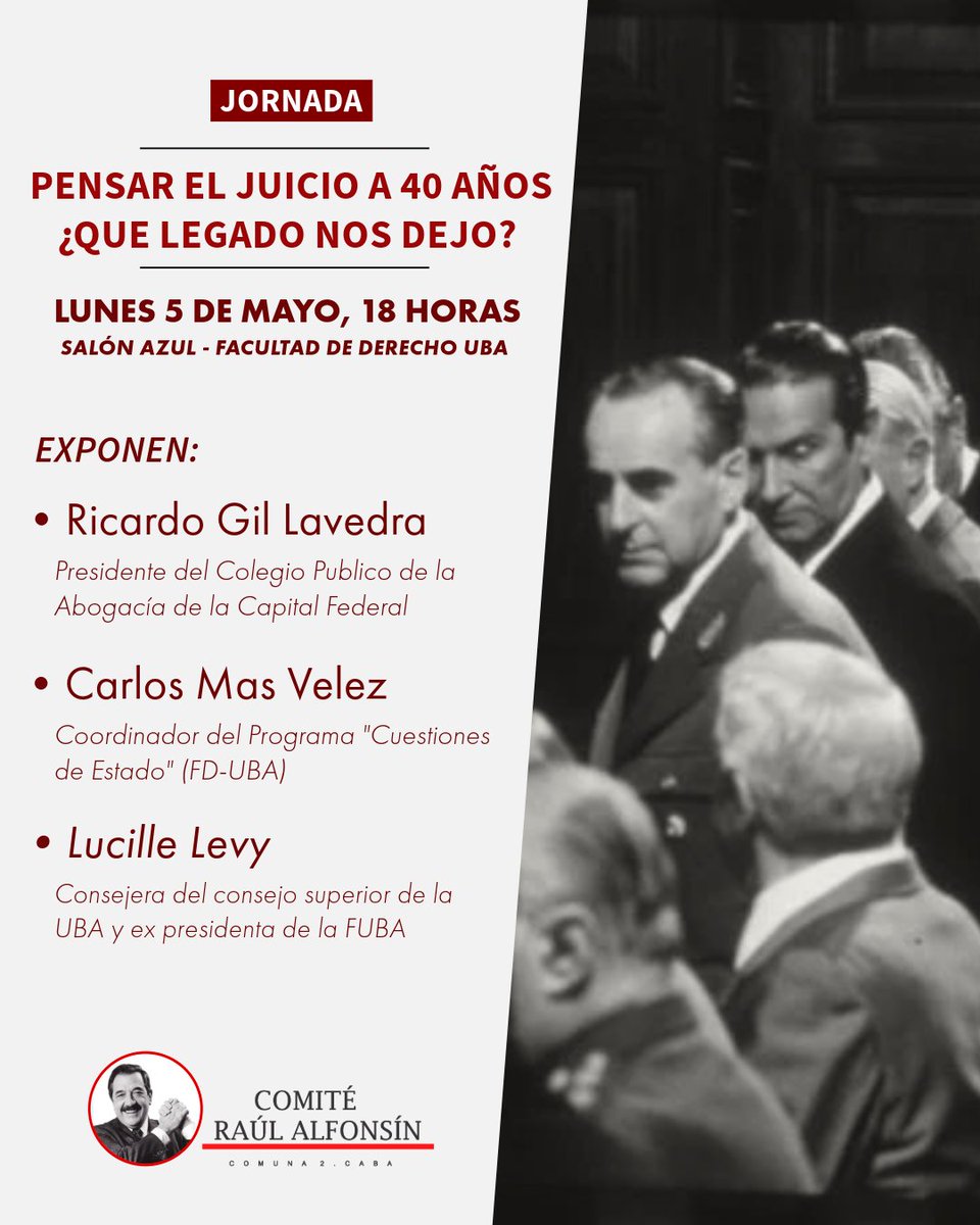 ⚖️ I PENSAR EL JUICIO A 40 AÑOS: ¿QUÉ LEGADO NOS DEJÓ?

Hoy a las 18 hs, en el Salón Azul de la Facultad de Derecho de la Universidad de Buenos Aires, tendrá lugar la actividad: “Pensar el Juicio a 40 años: ¿Qué legado nos dejó?”

¡Te esperamos!