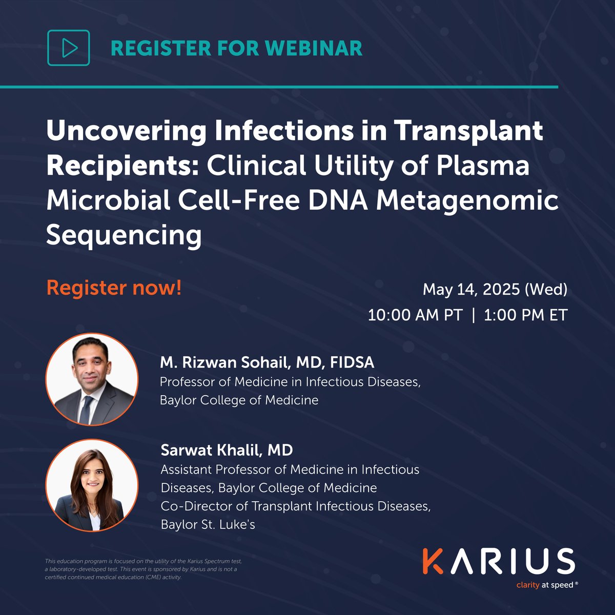 Join Dr. Sohail &amp; Dr. Khalil from Baylor College of Medicine as they present findings on using plasma microbial cell-free DNA sequencing in solid organ transplant (SOT) recipients.

🗓 May 14 | 🕙 10AM PT
🔗 Register: hubs.li/Q03l4kft0 

#mcfDNA #InfectiousDiseases #Webinar