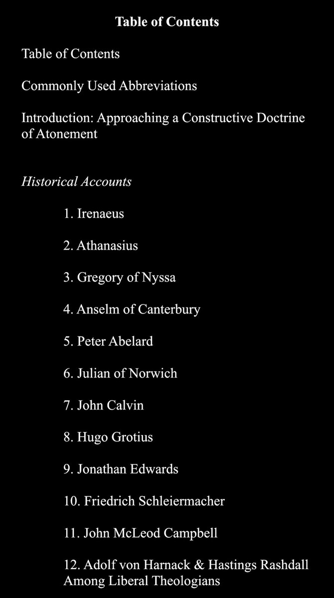 CWoznicki's tweet image. A rough Table of Contents for my forthcoming textbook on atonement accounts with @BHAcademic. The goal of the book is to introduce essential conversation partners for doing constructive atonement theology today. In other words, the voices you need to know to do it responsibly.