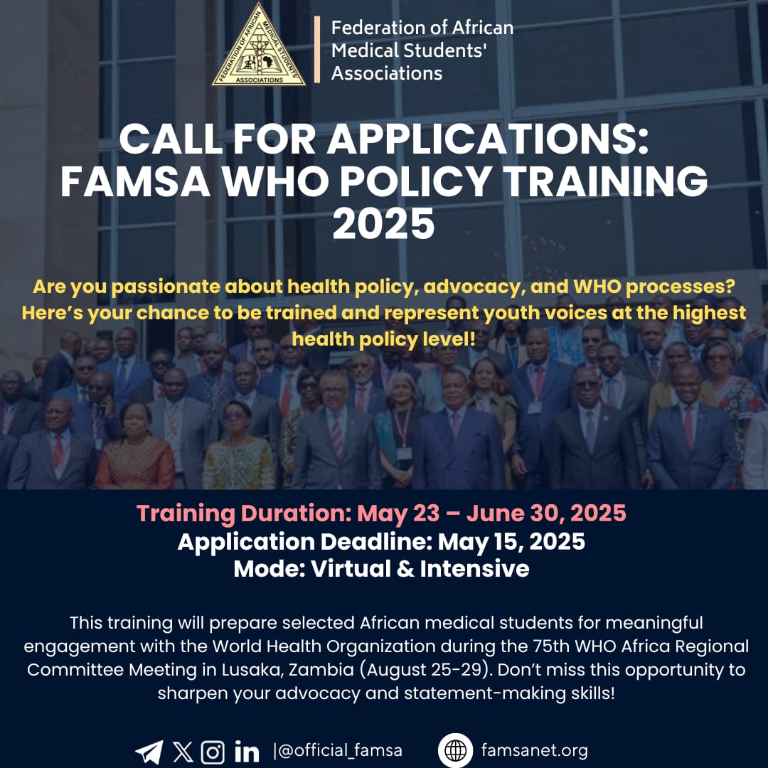 official_famsa's tweet image. 🚨 CALL FOR APPLICATIONS: FAMSA WHO Policy Training 2025🚨

Are you passionate about health policy, advocacy, and WHO processes?
Here’s your chance to be trained and represent youth voices at the highest health policy level!

* Training Duration: May 23 – June 30, 2025