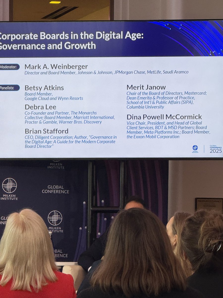 Incredible panel today <a href="/MilkenInstitute/">Milken Institute</a> #MIGlobal on Corporate Boards in Digital Age #AI demonstrating the power of diverse insight in corporate governance