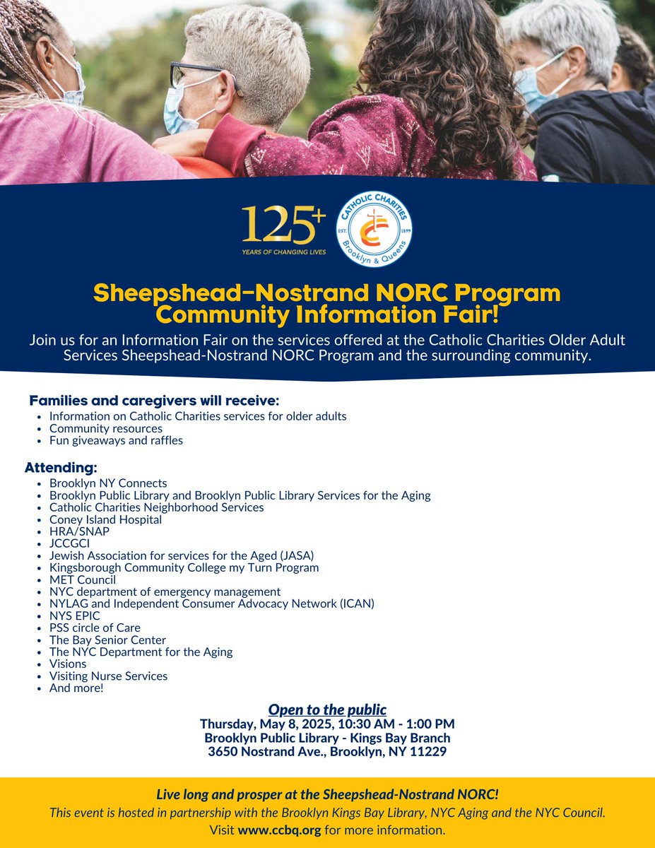 CathCharitiesBQ's tweet image. 🌟 Join #CCBQ for an exciting Information Fair on May 8! Discover the amazing services offered by Catholic Charities Older Adult Services at our Sheepshead-Nostrand NORC Program. #BrooklynPublicLibrary, #KingsBay Branch. #BetheSolution #OlderAdultServices #OlderAdults #Brooklyn