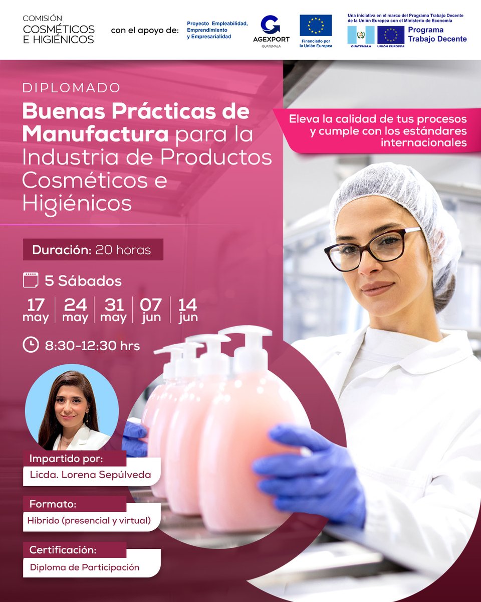 ¡Lleva la calidad de tus productos al siguiente nivel! 🚀💄🧼

Inscríbete en el Diplomado en Buenas Prácticas de Manufactura para la Industria de Productos Cosméticos e Higiénicos y cumple con los estándares internacionales 🌍

📅 5 sábados: 17, 24, 31 mayo | 07, 14 junio
🕗 8:30
