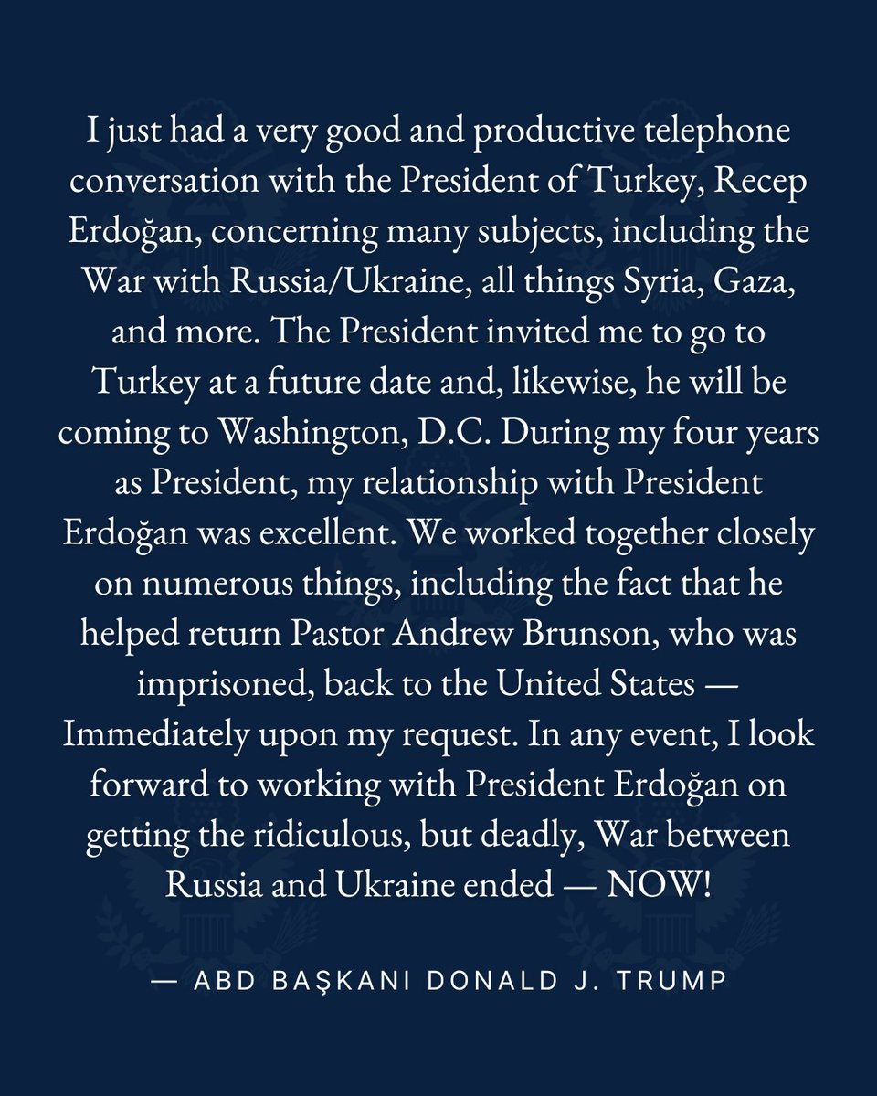 U.S. Embassy Türkiye (@usembturkiye) on Twitter photo ABD Başkanı Donald J. Trump: “Türkiye Cumhuriyeti Cumhurbaşkanı Recep Tayyip Erdoğan ile son derece iyi ve verimli bir telefon görüşmesi gerçekleştirdim.”
//
<a href="/POTUS/">President Donald J. Trump</a>: “I had a very good and productive telephone conversation with the
President of Turkey, Recep Tayyip Erdoğan.” ABD Başkanı Donald J. Trump: “Türkiye Cumhuriyeti Cumhurbaşkanı Recep Tayyip Erdoğan ile son derece iyi ve verimli bir telefon görüşmesi gerçekleştirdim.”
//
<a href="/POTUS/">President Donald J. Trump</a>: “I had a very good and productive telephone conversation with the
President of Turkey, Recep Tayyip Erdoğan.”