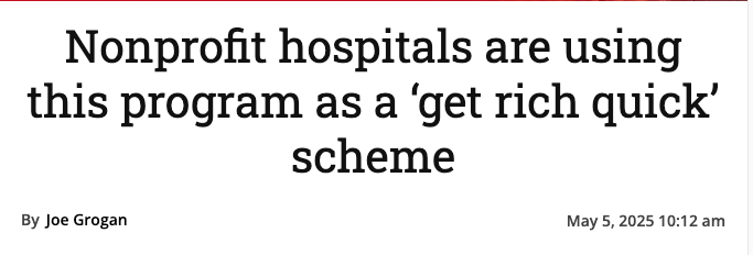 YouDecideHealth's tweet image. .@RealJoeGrogan describes how nonprofit hospitals are abusing their nonprofit status and a loophole in the 340B program to turn services intended to help the poor into cash-cow profit centers.

washingtonexaminer.com/restoring-amer…