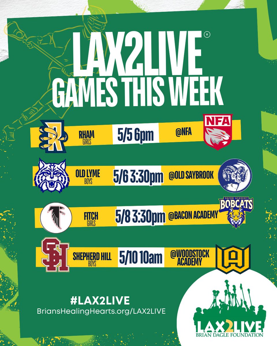 BTDFDN's tweet image. #LAX2LIVE games this week 🥍

5/5 RHAM Girls @ NFA
5/6 Old Lyme Boys @ Old Saybrook
5/8 Fitch Girls @ Bacon Academy
5/10 Shepherd Hill Boys @ Woodstock Academy