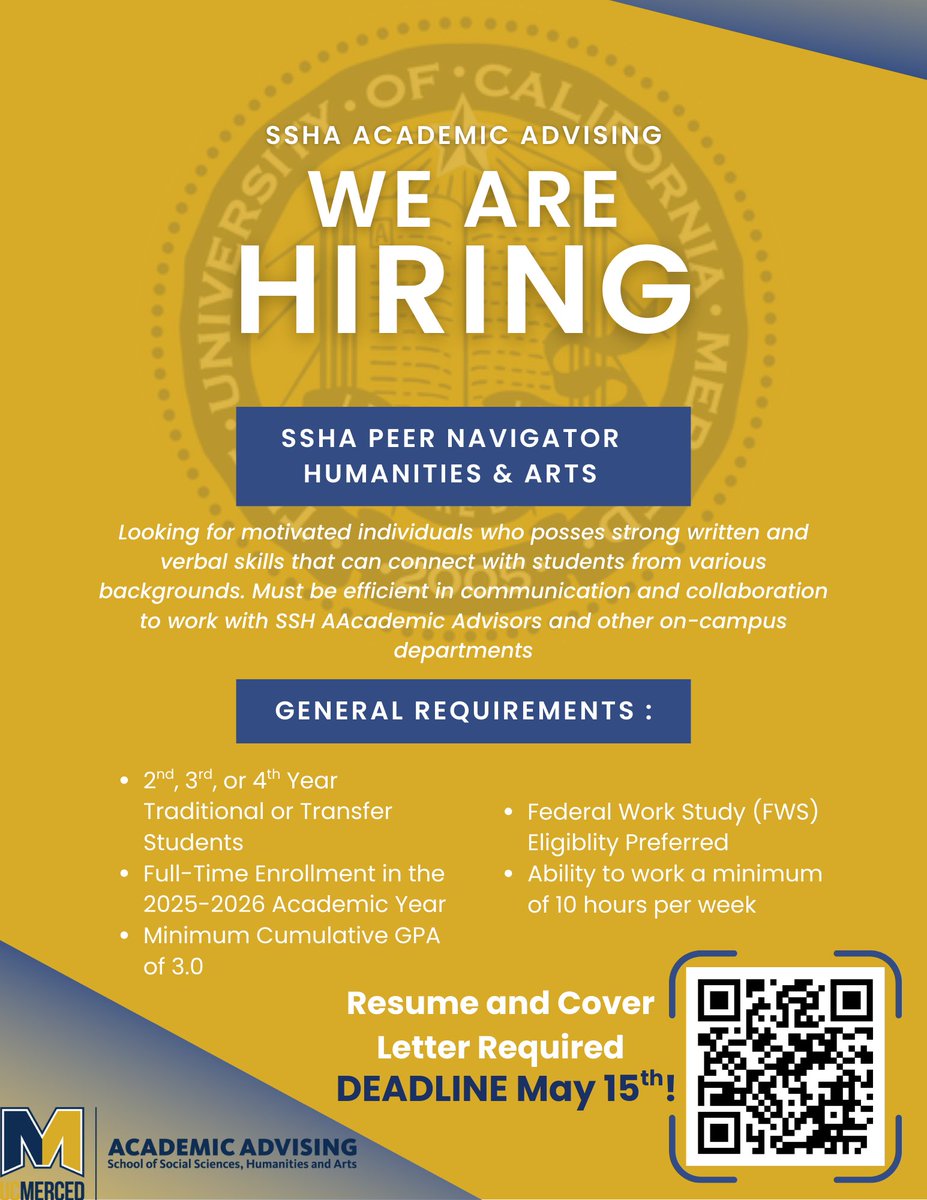 SSHA Academic Advising is hiring passionate and dedicated students to support their peers as Peer Navigators and Student Assistants for the 2025–2026 academic year! Develop your communication, collaboration, and leadership skills while making a difference on campus.