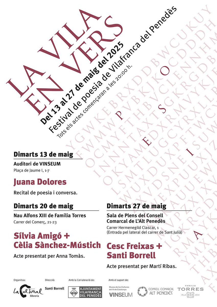 Santi Borrell (@santi_borrell) on Twitter photo Us presentem el cartell del festival de poesia LA VILA EN VERS. Amb Juana Dolores, Sílvia Amigó, Cèlia Sànchez-Mústich, Cesc Freixas i un servidor.
<a href="/VilafrancaAj/">Ajuntament de Vilafranca del Penedès</a> <a href="/juanadolorex/">Juana Dolores</a> <a href="/celiasmustich/">Cèlia Sànchez-Mústich</a> <a href="/ccaltpenedes/">Consell Comarcal Alt Penedès</a> <a href="/familiatorres/">Familia Torres</a> <a href="/vinseum/">vinseum</a> Us presentem el cartell del festival de poesia LA VILA EN VERS. Amb Juana Dolores, Sílvia Amigó, Cèlia Sànchez-Mústich, Cesc Freixas i un servidor.
<a href="/VilafrancaAj/">Ajuntament de Vilafranca del Penedès</a> <a href="/juanadolorex/">Juana Dolores</a> <a href="/celiasmustich/">Cèlia Sànchez-Mústich</a> <a href="/ccaltpenedes/">Consell Comarcal Alt Penedès</a> <a href="/familiatorres/">Familia Torres</a> <a href="/vinseum/">vinseum</a>