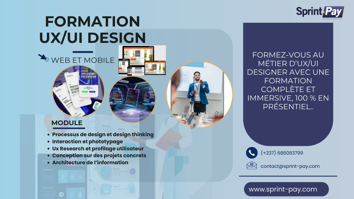 SPRINT PAY (@sprintpaytech) on Twitter photo 🎓 Ouverture des inscriptions – Formation Certifiante en UX/UI Design
Maîtriser les outils de prototypage modernes (Figma, Adobe XD)
📧 Contact : contact@sprint-pay.com
📞 Téléphone : +237 686 08 37 99
🌐 Site Web : sprint-pay.com
#UXUI #FormationProfessionnelle 🎓 Ouverture des inscriptions – Formation Certifiante en UX/UI Design
Maîtriser les outils de prototypage modernes (Figma, Adobe XD)
📧 Contact : contact@sprint-pay.com
📞 Téléphone : +237 686 08 37 99
🌐 Site Web : sprint-pay.com
#UXUI #FormationProfessionnelle