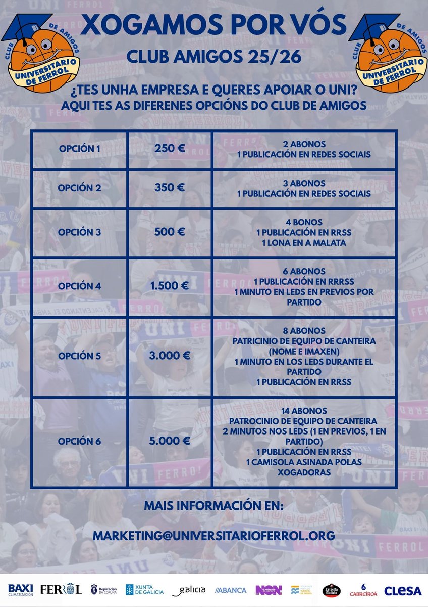 ¿Tes unha empresa e queres colaborar co club?
hoxe vos presentamos o Club Amigos do Universitario Ferrol.

Isto é un pequeno exemplo das cousas que podemos facer xuntos, se queres algo máis personalizado, podes poñerte en contacto con nos en:
marketing@universitarioferrol.org