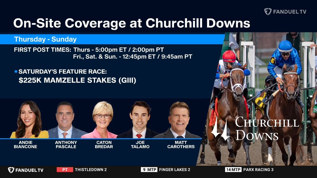 FanDuel Racing (@fanduel_racing) on Twitter photo Our on-site coverage of <a href="/ChurchillDowns/">Churchill Downs</a> continues this Thursday starting at 5PM ET/2PM PT with <a href="/andie_biancone/">Andie Biancone 🐴</a>, <a href="/FanduelAnthony/">Anthony Pascale</a>, <a href="/CBredar/">caton bredar</a>, <a href="/JoeTalamo/">Joe Talamo</a>, and <a href="/MattCTVG/">Matt Carothers</a>.
Watch on <a href="/FanDuelTV/">FanDuel TV</a>. Our on-site coverage of <a href="/ChurchillDowns/">Churchill Downs</a> continues this Thursday starting at 5PM ET/2PM PT with <a href="/andie_biancone/">Andie Biancone 🐴</a>, <a href="/FanduelAnthony/">Anthony Pascale</a>, <a href="/CBredar/">caton bredar</a>, <a href="/JoeTalamo/">Joe Talamo</a>, and <a href="/MattCTVG/">Matt Carothers</a>.
Watch on <a href="/FanDuelTV/">FanDuel TV</a>.