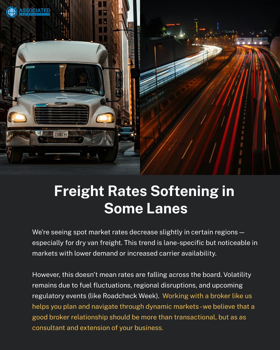 ALogisticsGroup's tweet image. Need help navigating the market? We’ve got you covered. ✅

#LogisticsNews #FreightUpdate #SupplyChainNews #LogisticsInsights #IndustryUpdate #TruckingNews #FreightBroker #Logistics #AssociatedLogisticsGroup