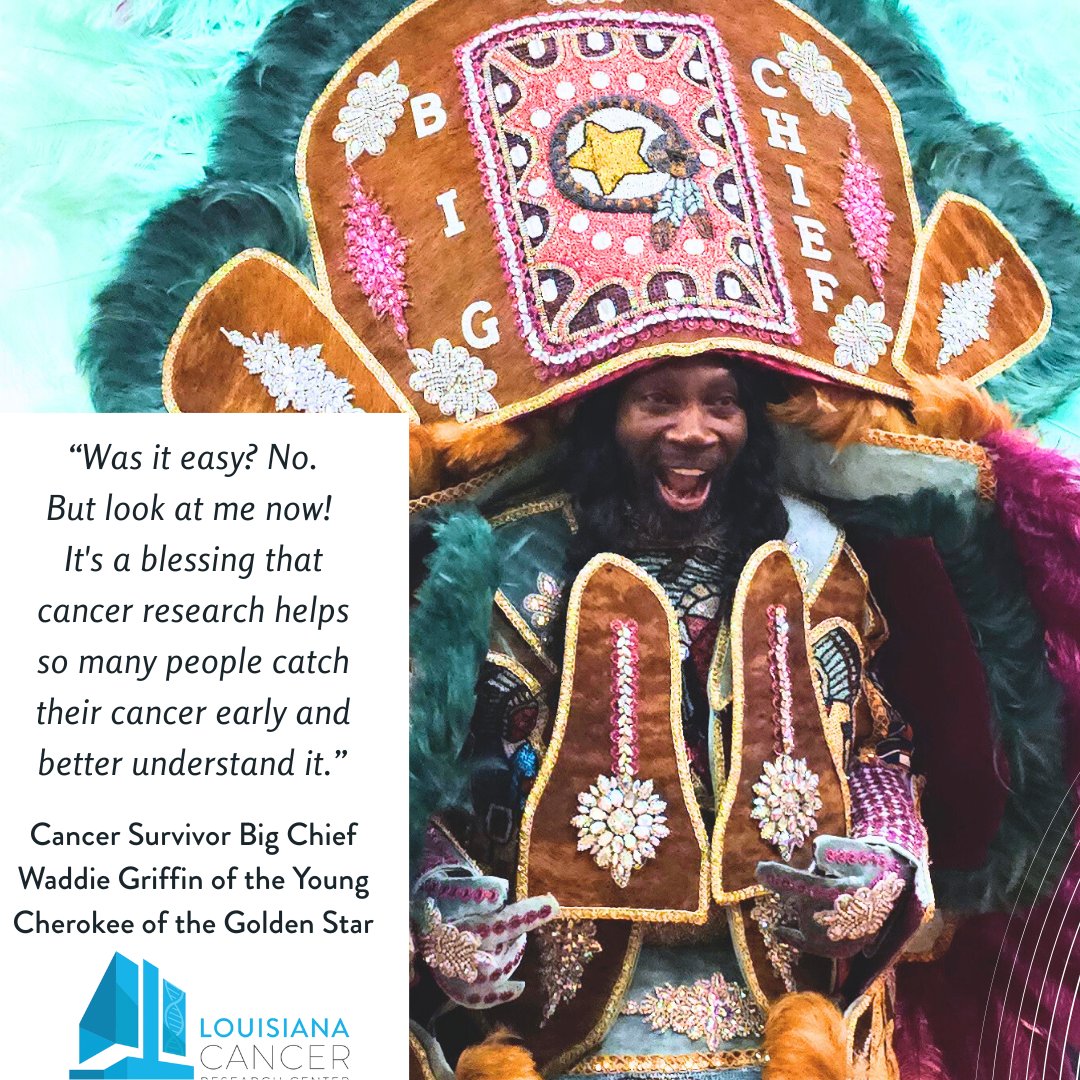 CancerLouisiana's tweet image. On a recent visit to the LCRC, Cancer survivor Big Chief Waddie Griffin expressed gratitude for the early detection that saved his life and the importance of research. You can show your support by giving to the LCRC on #GiveNola Day.  bit.ly/42Yo1gq