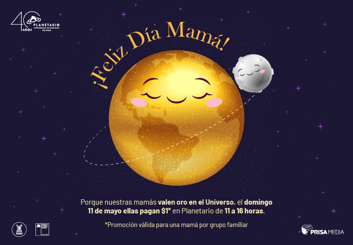 ❤️Día de la Madre: el domingo las mamás pagan $1 en Planetario😍(una mamá por familia)🥰entradas en planetariochile.cl 

💕La promoción no es válida para Pink Floyd por el Universo) 

Estacionamientos gratuitos al interior de Planetario (Alameda 3349)

Las esperamos!
