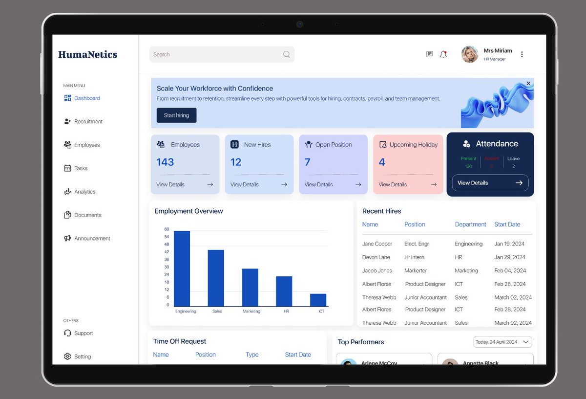 Day 1 of my 20-Day UI Challenge!

I designed a CRM/HR dashboard, built for modern hiring &amp; team management 🚀
Designed in <a href="/figma/">Figma</a>  | Built for SaaS/HR tools
#UXUI #Figma #DashboardDesign #HRTech #CRMSoftware #ProductDesign #DesignChallenge #TechStartups #SaaSPlatform #SoftwareUI