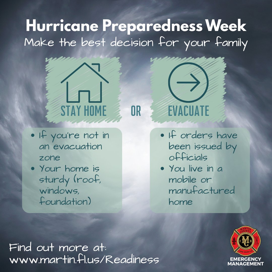 🤔Should you stay in your home or evacuate? It depends!
🏡 Stay if not in an evacuation or flood zone, you're not ordered to, and your home is sturdy.
➡️ Evacuate if you live in a mobile or manufactured home or if orders have been issued for your area

#HurricanePreparednessWeek