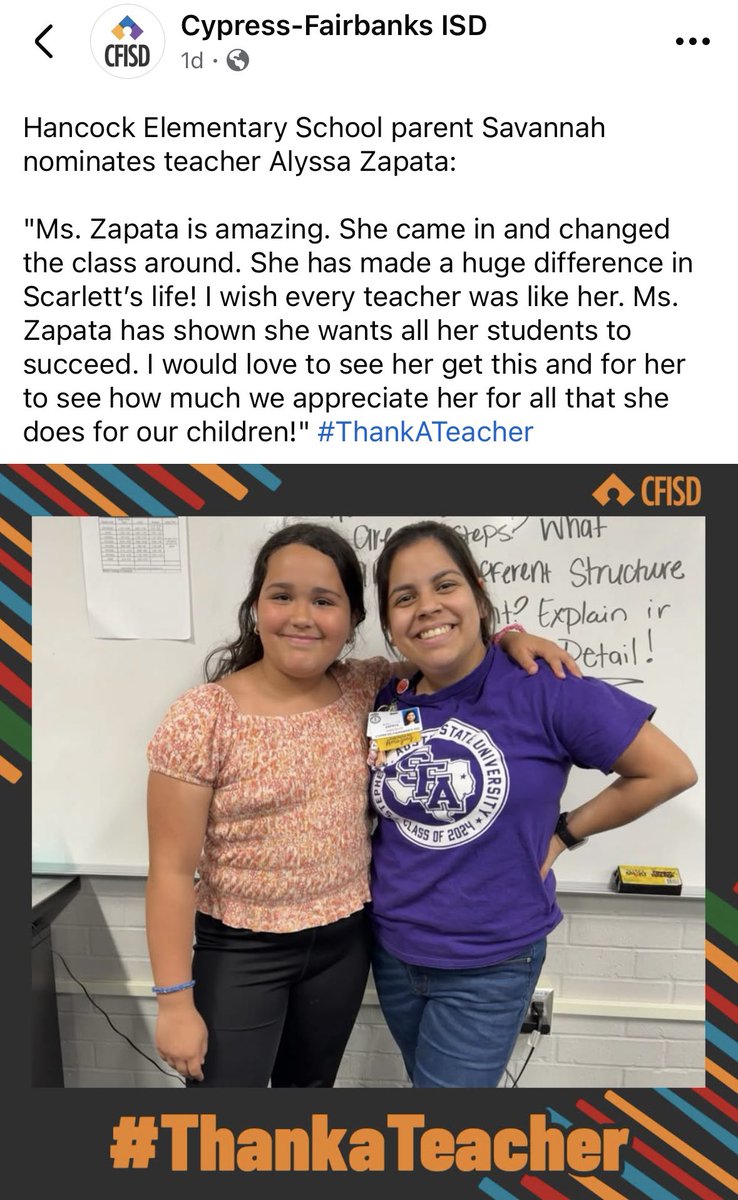 T.S Hancock Elementary (@cfisd_hancock) on Twitter photo We love Ms. Zapata!! #ThankATeacher <a href="/FelderTamera/">Tamera Felder</a> <a href="/CyFairISD/">Cypress-Fairbanks ISD</a> #4thGrade #CFISDSpirit
💜💛💙🤍💜💛💙🤍💜💛💙🤍💜 We love Ms. Zapata!! #ThankATeacher <a href="/FelderTamera/">Tamera Felder</a> <a href="/CyFairISD/">Cypress-Fairbanks ISD</a> #4thGrade #CFISDSpirit
💜💛💙🤍💜💛💙🤍💜💛💙🤍💜