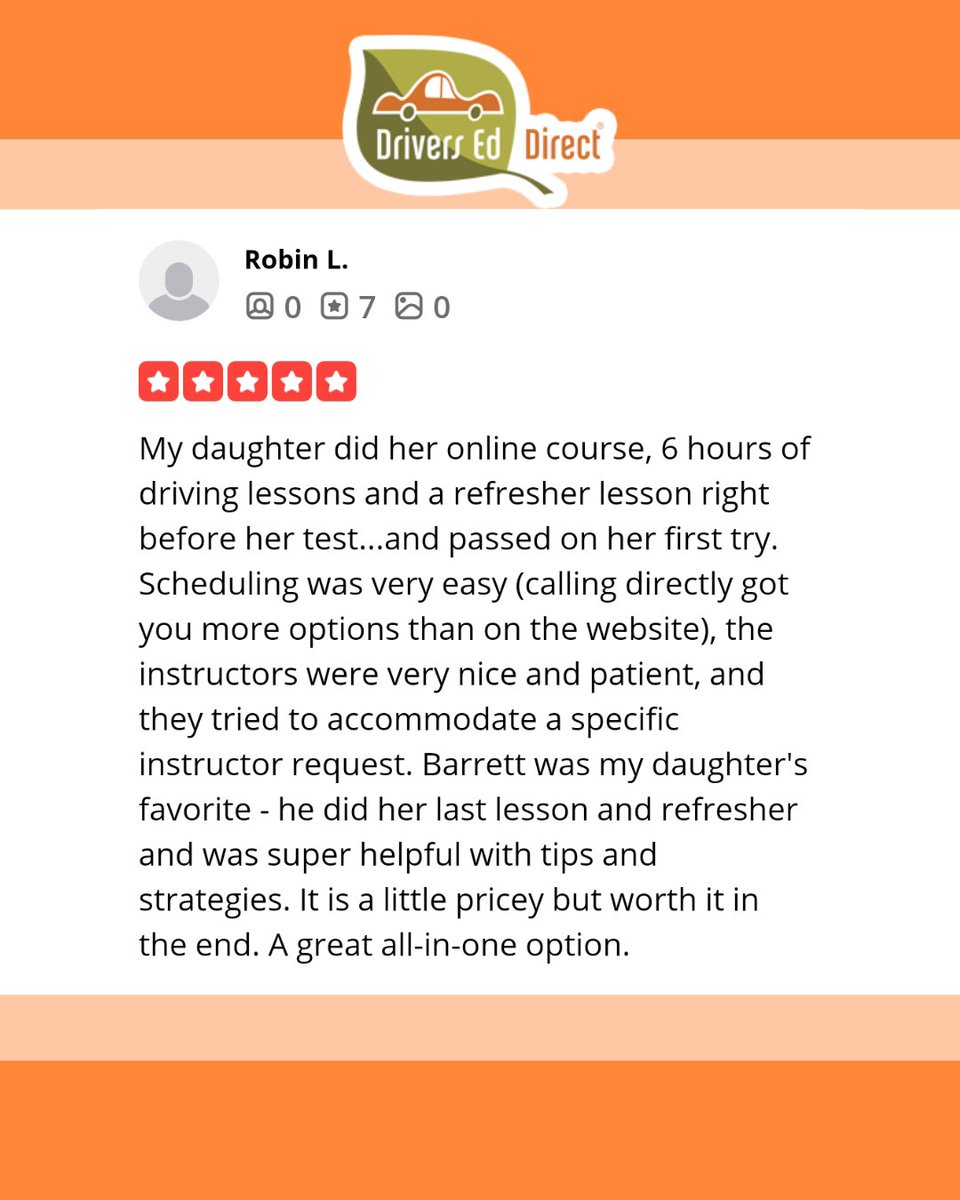 DriversEdDirect's tweet image. 🌟 Thank You, Robin! 🌟
We&apos;re so glad you and your daughter had a positive experience with Drivers Ed Direct! Thank you for trusting us with such an important milestone and for your kind words about our team! 🚗👏

#DriversEdDirect #PermitReady #LearnToDrive #CustomerAppreciation