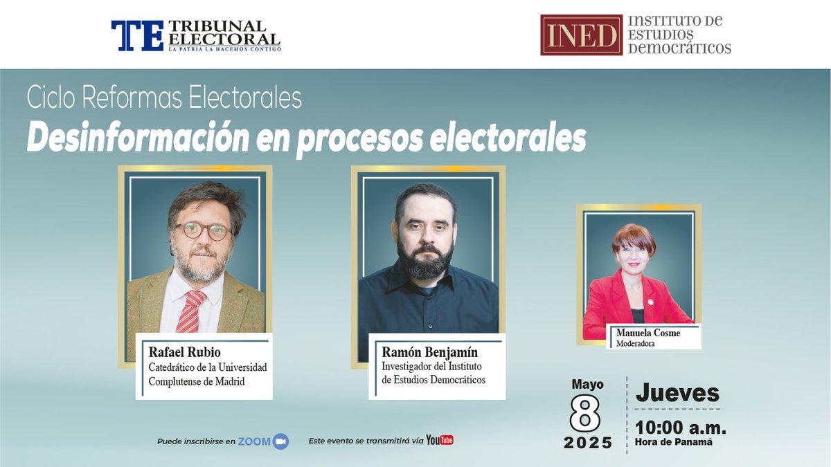 DESINFORMACIÓN EN PROCESOS ELECTORALES. Ciclo sobre Reforma Electoral. Jueves 8 de mayo, 10:00 AM (hora de Panamá). Con Rafael Rubio de la ⁦<a href="/unicomplutense/">Complutense</a>⁩
y Ramón Benjamín, investigador del INED del ⁦<a href="/tepanama/">Tribunal Electoral</a>⁩

Inscríbase: us02web.zoom.us/webinar/regist…