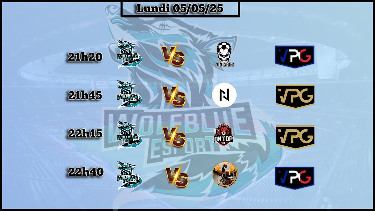 Wolfblue Esport (@esportwolfblue) on Twitter photo Bonsoir
Ce soir la meute est de sortis pour 4 nouveau match en <a href="/VPGFrance_/">VPG France</a> et <a href="/OfficialVPG/">Virtual Pro Gaming</a>
⏲21h20⏲
Wolfblue Esport 🆚 Punisher 🇫🇷
⏲21h45⏲
Wolfblue Esport 🆚 <a href="/New_Hungary/">New Hungary</a> 🇪🇺
⏲22h15⏲
Wolfblue Esport 🆚 <a href="/OnTopFIFA1/">OnTop</a> 🇪🇺
⏲22h40⏲
Wolfblue Esport 🆚 <a href="/XIGLigaOne/">XIG Liga One</a> 🇫🇷
Enjoy Bonsoir
Ce soir la meute est de sortis pour 4 nouveau match en <a href="/VPGFrance_/">VPG France</a> et <a href="/OfficialVPG/">Virtual Pro Gaming</a>
⏲21h20⏲
Wolfblue Esport 🆚 Punisher 🇫🇷
⏲21h45⏲
Wolfblue Esport 🆚 <a href="/New_Hungary/">New Hungary</a> 🇪🇺
⏲22h15⏲
Wolfblue Esport 🆚 <a href="/OnTopFIFA1/">OnTop</a> 🇪🇺
⏲22h40⏲
Wolfblue Esport 🆚 <a href="/XIGLigaOne/">XIG Liga One</a> 🇫🇷
Enjoy
