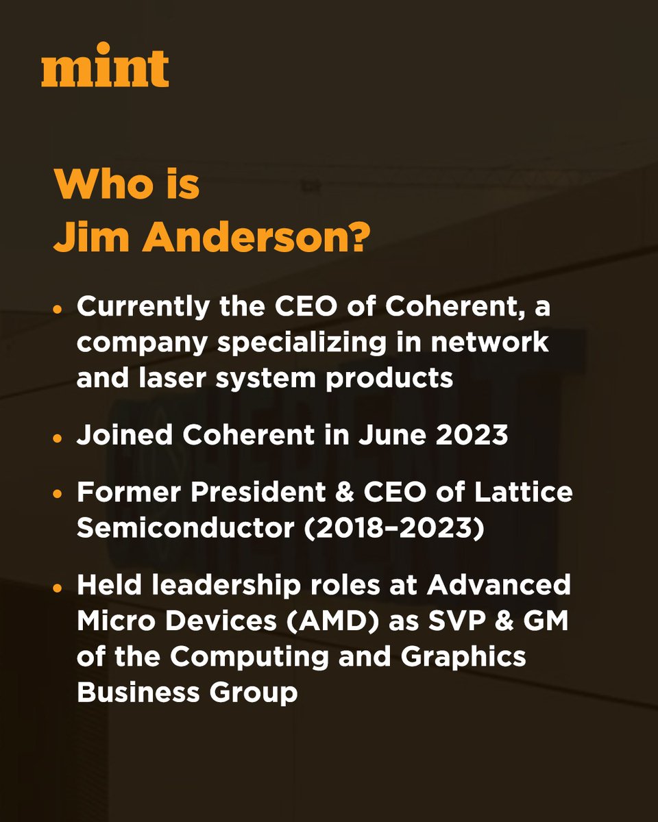 livemint's tweet photo. Who is Jim Anderson?

James Robert Anderson, also known as Jim Anderson, joined Coherent, a Saxonburg-based company that makes equipment and products for networks and laser systems, in June last year.

Know more 👇
https://t.co/pIO6PSKw9h

#JimAnderson https://t.co/w1fDVLgmco