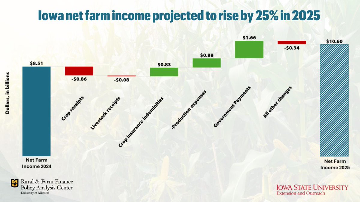 Iowa's net farm income is projected to increase 25%, reaching $10.6 billion. A 154% surge in direct government payments—largely driven by the American Relief Act—is a key factor behind the rebound.

Read the full report and explore the data: ruralandfarmfinance.com/farm-income/
