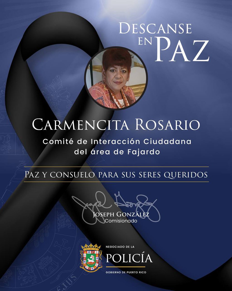 En la Policía de Puerto Rico lamentamos profundamente la partida de Carmencita, una líder comunitaria ejemplar que durante años fue aliada incondicional de nuestra Uniformada. Su apoyo, defensa y compromiso con nuestros agentes siempre serán recordados con gratitud y respeto.