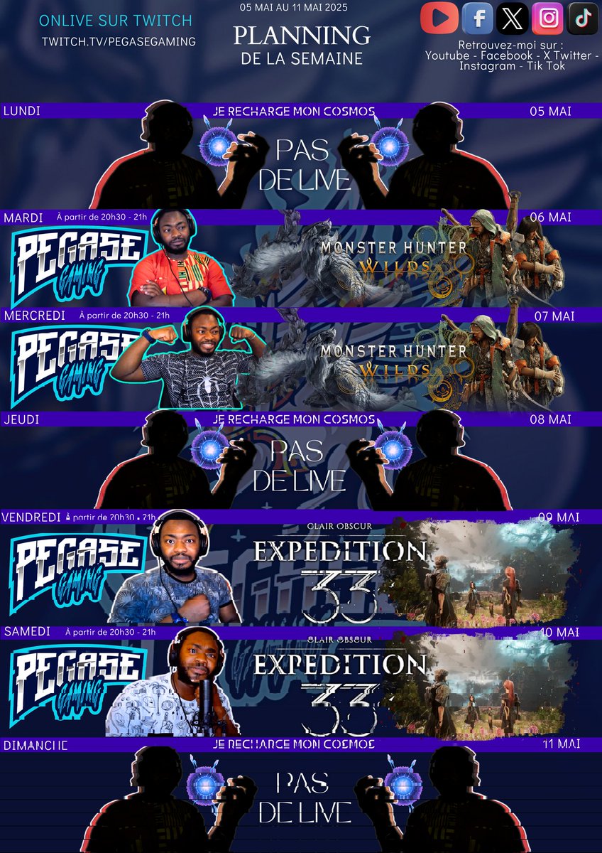 Le puissant planning live de la semaine mes chevaliers, n'hésitez pas à passer dire bonjour et donner de la force au passage 😉
👉 twitch.tv/pegasegaming

#Twitch #TwitchFr #streaming #stream #streamer #Live #Livestream #LiveStreaming #pegasegaming