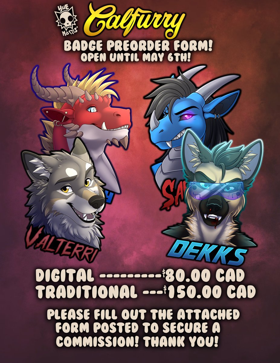 Only one more day to preorder a badge for Calfurry! Please note this is the best way to guarantee a badge from me in time for the con. Examples and more information on the form below! Deadline is May 6th (Tomorrow!) Prices in CAD. 

forms.gle/o9i3cbcaTRxVPp…