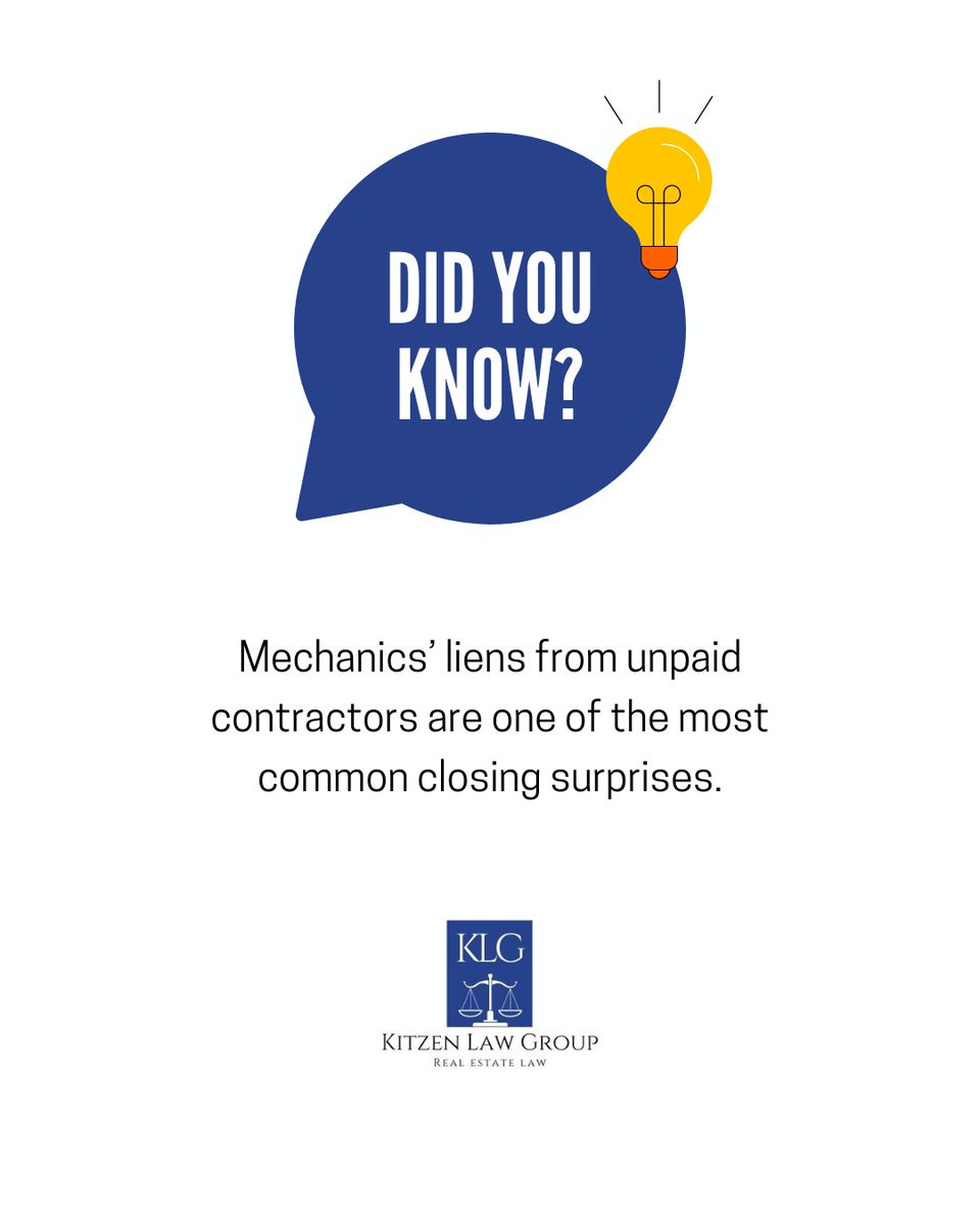 kitzenlawgroup's tweet image. ⚠️Did you know? Unpaid contractors can file a mechanics’ lien, and it could show up right before closing.🏠

Even with a deed, your title may not be clear. That’s where we come in.

🧑‍⚖️ We’re here to help.

#RealEstateLaw #ClosingTips #KitzenLawGroup #HomeBuying