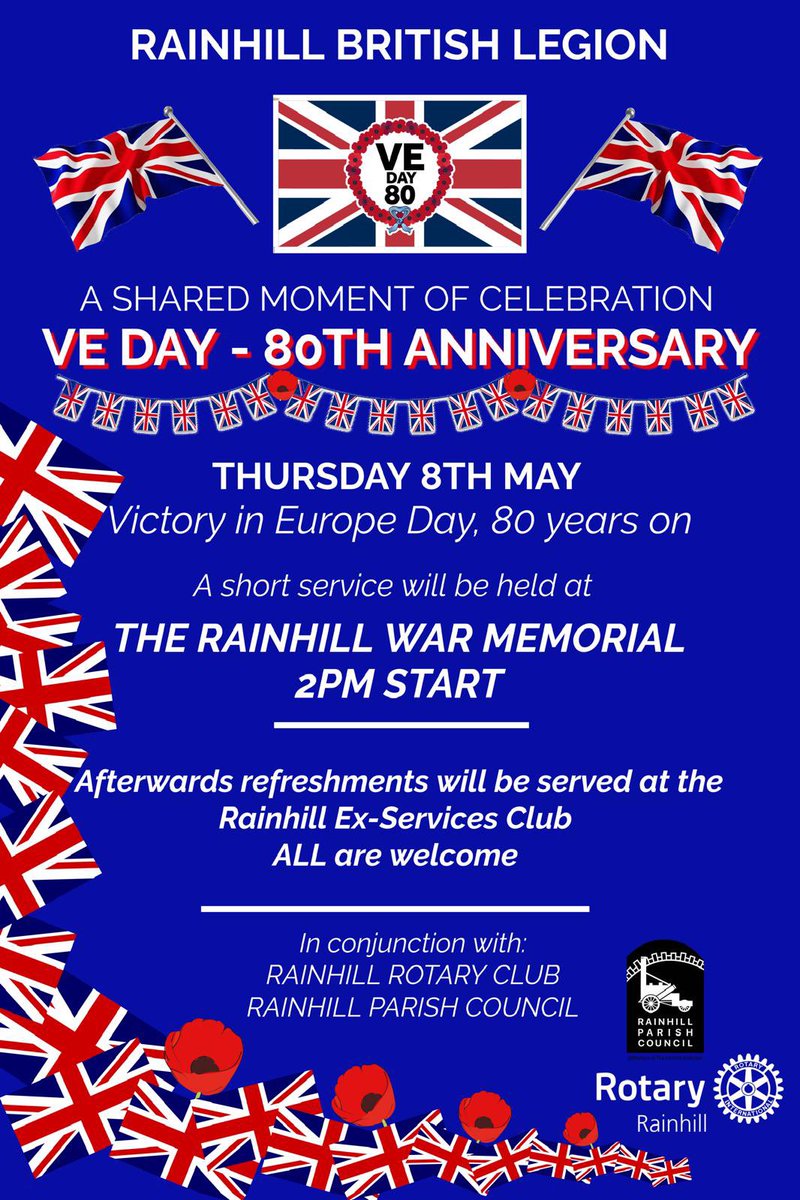 It is the 80th anniversary of Victory in Europe Day this Thursday 8th May. Rainhill British Legion are holding a service at the war memorial at 2pm followed by refreshments at Rainhill Ex-Services Club

Everyone is welcome so if you have some time free please come down 🇬🇧