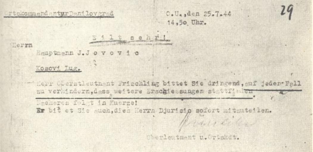 Pismo njemačke komande u kojem naređuju Jovoviću i Đurišiću da se momentalno prekine sa strijeljanjem na Lazinama. 

Ovo bi jedna visoka funkcionerka PES-a trebalo da zna, budući da joj je đed robijao zbog ovog zločina.

Jula 44 četnici su strijeljali 52 mladih ljudi na Lazinama.