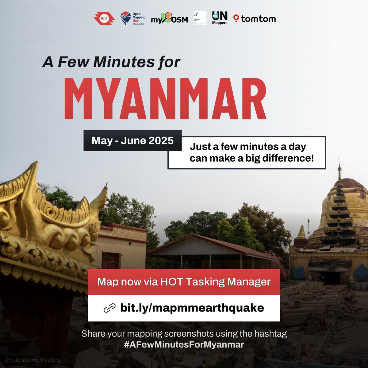 🌏 A Few Minutes for Myanmar: Launching Now!

As Myanmar begins its rebuilding journey, we invite you to continue the efforts by joining #AFewMinutesForMyanmar — where you can make a difference in just a few minutes a day. 🕒

#Myanmar #helpmmearthquake #MapForMyanmar