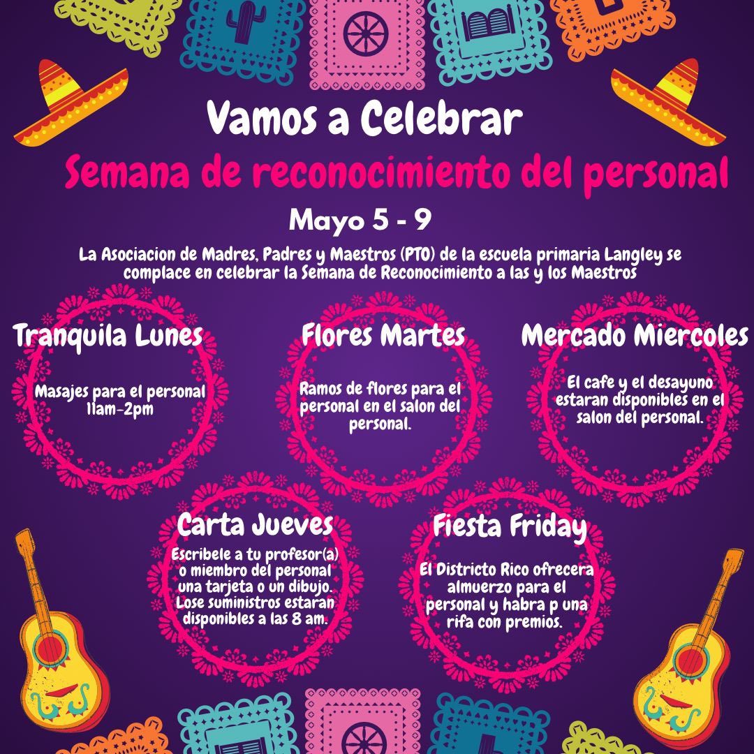 Happy Cinco de Mayo + Teacher &amp; Staff Appreciation Week! Our staff are “Nacho” average staff! They are guac-tastic! The PTO has special events planned for them all week but feel free to bring a special something for your teacher as well! @langley_tigers
