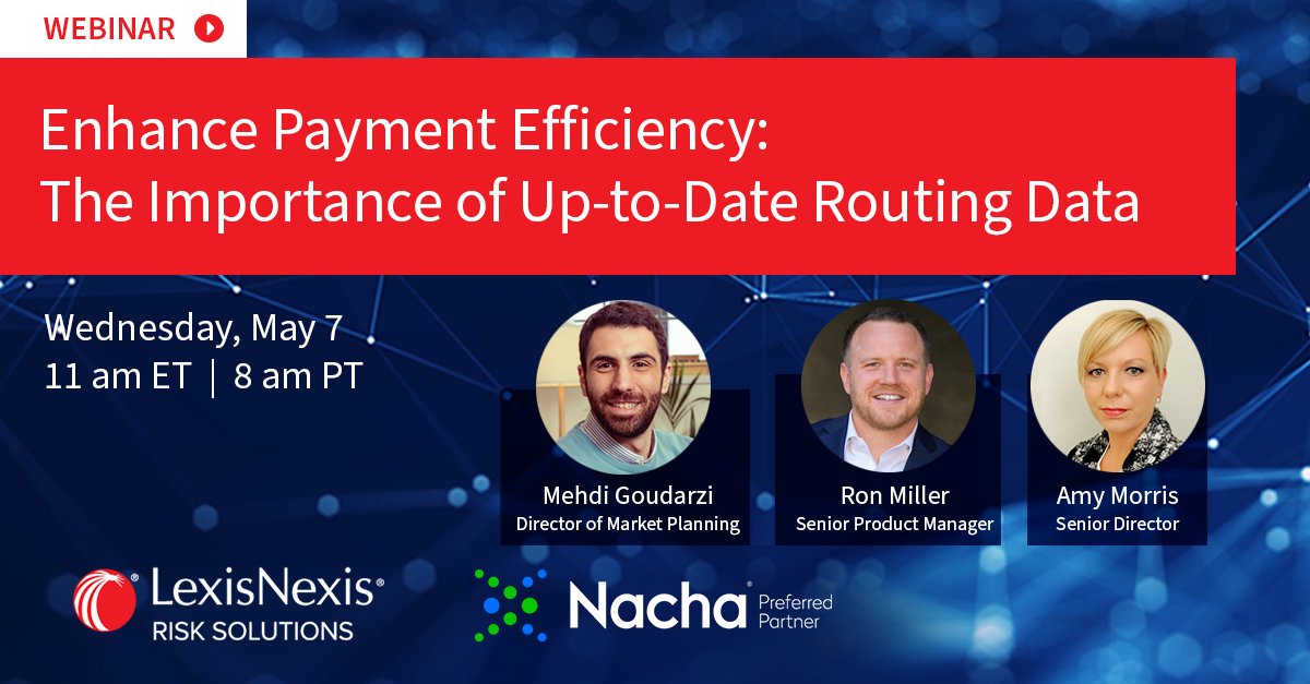 Nacha (@nachaonline) on Twitter photo Enhance Payment Efficiency: The Importance of Up-To-Date Routing Data. Join experts from <a href="/LexisNexisRisk/">LexisNexis Risk</a> and Nacha as they explore the crucial role of up-to-date routing data in optimizing payment processing.
Register here: hubs.la/Q03jlT-_0 Enhance Payment Efficiency: The Importance of Up-To-Date Routing Data. Join experts from <a href="/LexisNexisRisk/">LexisNexis Risk</a> and Nacha as they explore the crucial role of up-to-date routing data in optimizing payment processing.
Register here: hubs.la/Q03jlT-_0
