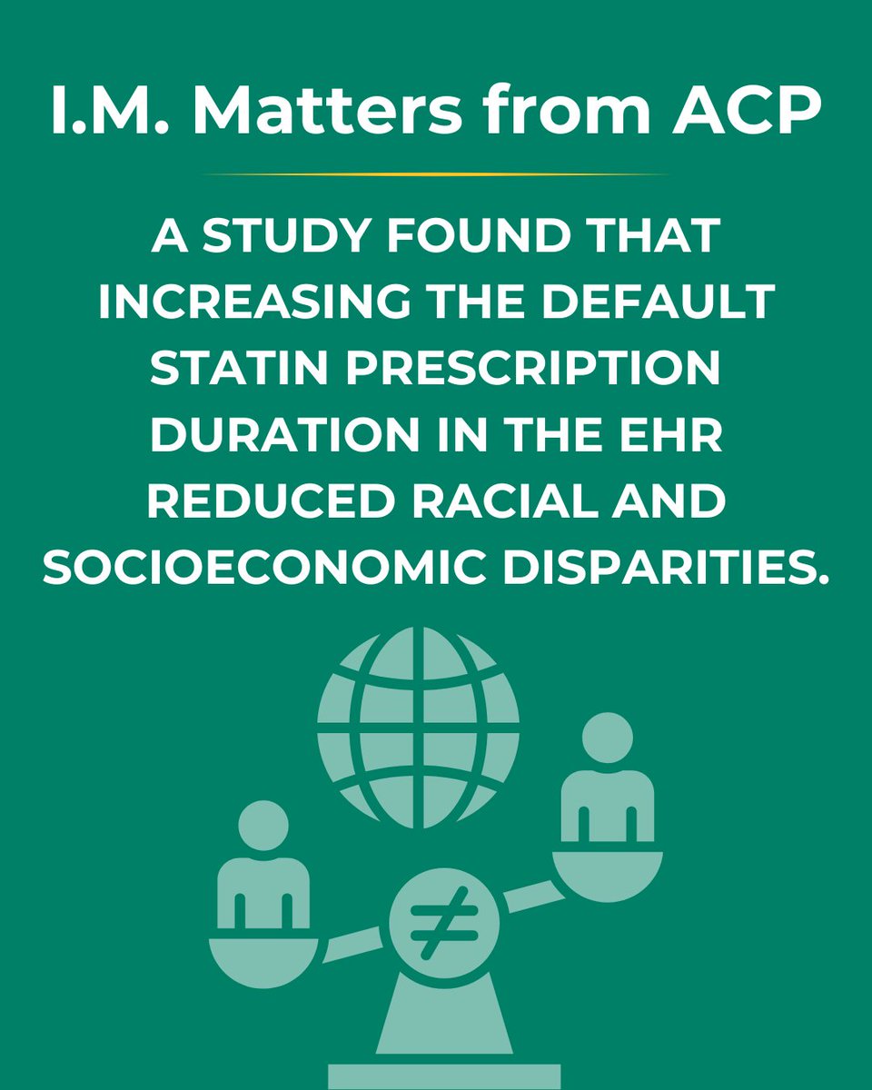 IowaACP's tweet image. A small EHR change, big impact: Setting a 90-day statin default reduced disparities for patients who are Black, on Medicaid, or in low-income areas.
Read more: l8r.it/YbAx
#HealthEquity #PhysicianLeadership #InternalMedicine