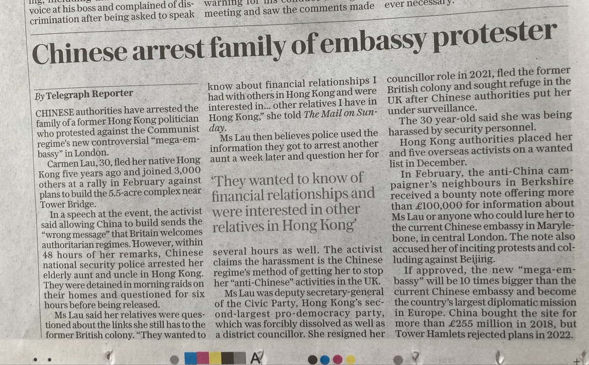 The vindictive transnational repression being experienced by Chinese pro democracy activists in the UK - &amp; by their relatives in Hong Kong - must be called out at every opportunity.The deplorable treatment of <a href="/carmenkamanlau/">Carmen Lau 劉珈汶</a> illustrates the nature of the CCP regime. Telegraph: