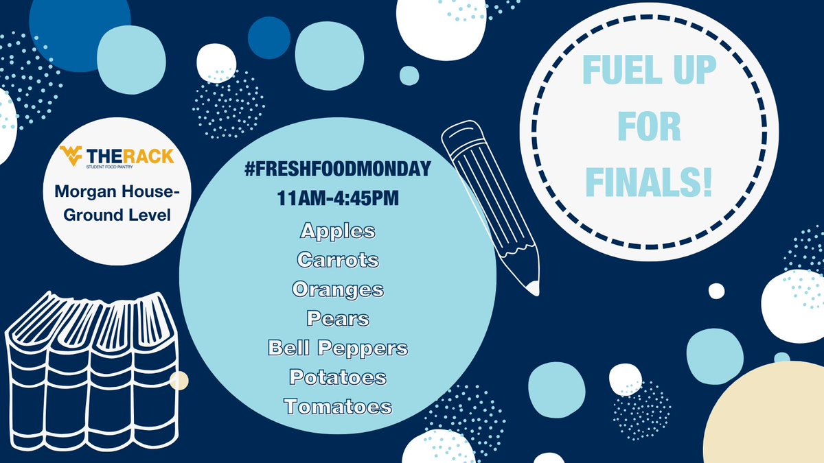 Fuel up for finals with some fresh produce today! Available from 11 AM-4:45 PM on the Ground Level of Morgan House.

#wvutherack #freshfoodmonday #finalsweek