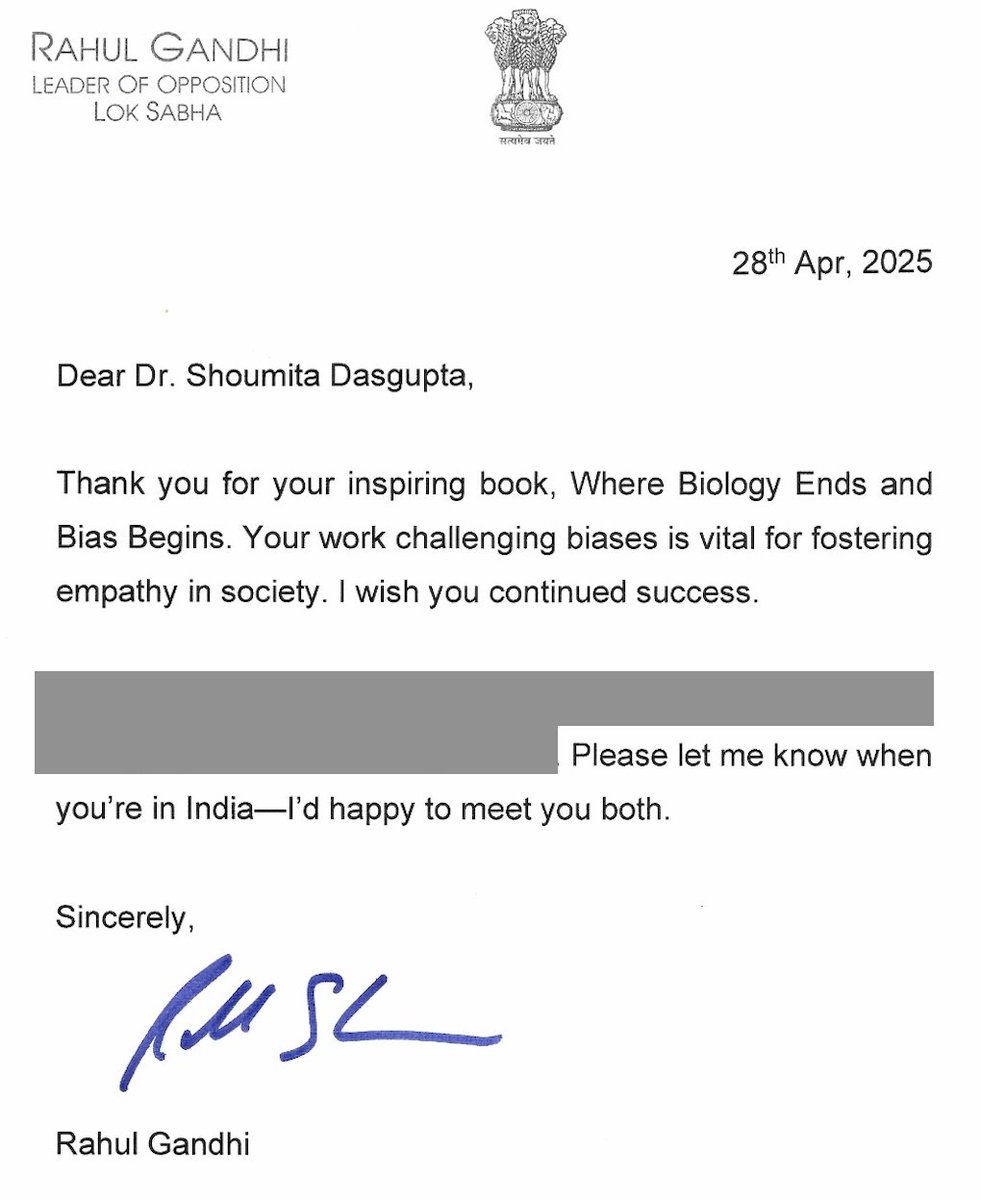 Still pinching myself that I received this letter from Rahul Gandhi, great grandson of the first prime minister of 🇮🇳, and grandson/son of two more PMs. He is working towards a more inclusive future for India &amp; working against conservative trends that we have seen rise up of late
