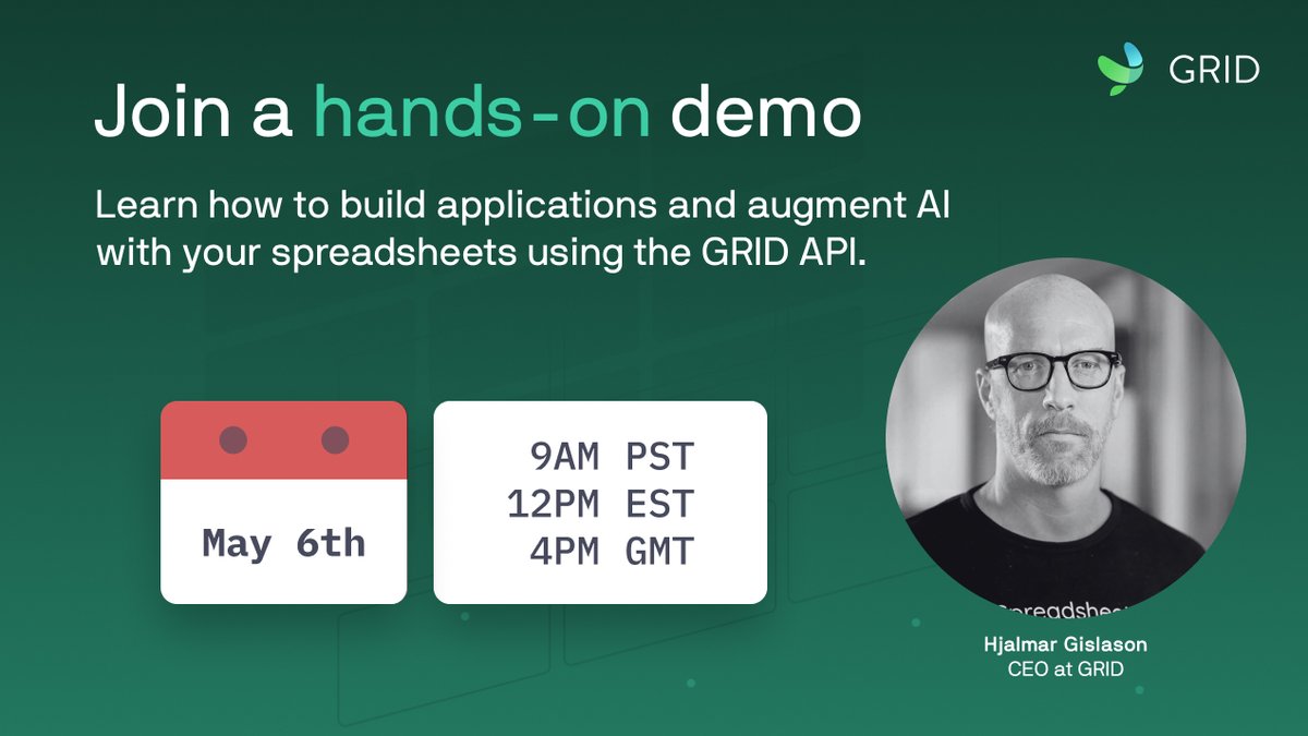 GRID (@grid_hq) on Twitter photo Want to power your AI or app with spreadsheet logic you already trust?
Join our live demo with GRID CEO <a href="/hjalli/">Hjalmar Gislason</a> and see how to turn spreadsheets into fast, scalable APIs.
📅 May 6, 9 AM PST / 12PM EST / 4PM GMT
🔗 Register: us06web.zoom.us/webinar/regist… Want to power your AI or app with spreadsheet logic you already trust?
Join our live demo with GRID CEO <a href="/hjalli/">Hjalmar Gislason</a> and see how to turn spreadsheets into fast, scalable APIs.
📅 May 6, 9 AM PST / 12PM EST / 4PM GMT
🔗 Register: us06web.zoom.us/webinar/regist…