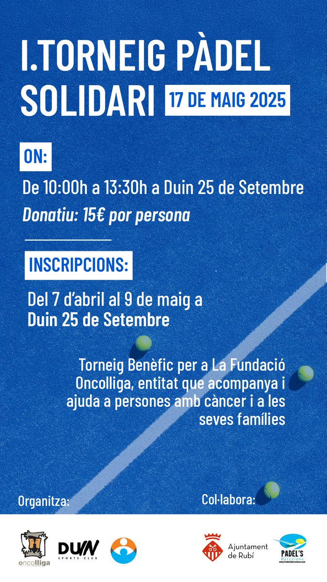 apdir2015's tweet image. Dissabte 17 de maig farem esport i donarem suport a la diversitat funcional i la lluita contra el càncer. Apunta&apos;t, torneig solidari de padel @OncolligaCAT @apdir2015 @duinclub #rubicity @AjRubi