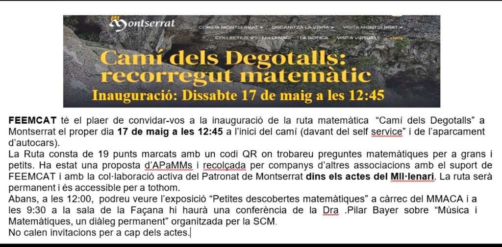 Feemcat (@feemcat) on Twitter photo El pròxim dissabte dia 17 de maig inaugurem la ruta matemàtica del Camí dels Degotalls a <a href="/montserratinfo/">Abadia de Montserrat</a> creada per <a href="/APaMMs/">APaMMS</a>, dins la jornada matemàtica en el marc dels actes de celebració del Mil·lenari organitzats conjuntament amb el <a href="/MMACA_cat/">Museu de Matemàtiques de Catalunya - MMACA</a> i la <a href="/soccatmat/">Societat Catalana de Matemàtiques</a>. Us hi esperem! El pròxim dissabte dia 17 de maig inaugurem la ruta matemàtica del Camí dels Degotalls a <a href="/montserratinfo/">Abadia de Montserrat</a> creada per <a href="/APaMMs/">APaMMS</a>, dins la jornada matemàtica en el marc dels actes de celebració del Mil·lenari organitzats conjuntament amb el <a href="/MMACA_cat/">Museu de Matemàtiques de Catalunya - MMACA</a> i la <a href="/soccatmat/">Societat Catalana de Matemàtiques</a>. Us hi esperem!
