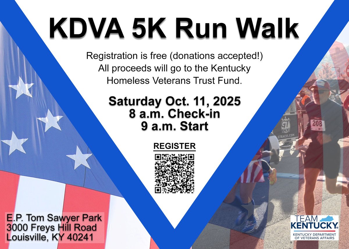 Register NOW for our KDVA 5K Run Walk for Oct. 11, 2025. To register, click the link below.
runsignup.com/.../Louisville…
#veterans #teamkentucky #Kentucky #fortknox #FortCampbell #kentuckynationalguard #kynationalguard #fortcampbellky #commonwealthofkentucky