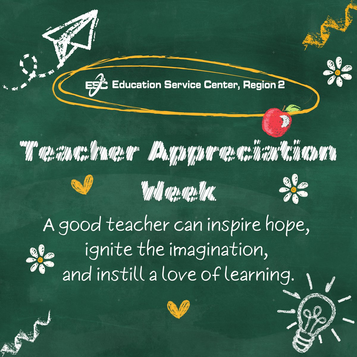 ESCRegion2's tweet photo. 🌟 Happy Teacher Appreciation Week! 🍎 At Education Service Center, Region 2, we are proud to celebrate the incredible educators who shape minds, inspire dreams, and ignite a lifelong love of learning—for all of our Region 2 students. 💛 #ThankATeacher #ESC2Excellence https://t.co/qXzL4k4Tlk